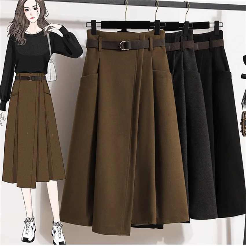 

Gowyimmes 2023 Autumn Winter All-match Women Pleated Skirts Slim Lady Midi Long High Waist A-line Skirt Big Size Bottomigs 1693