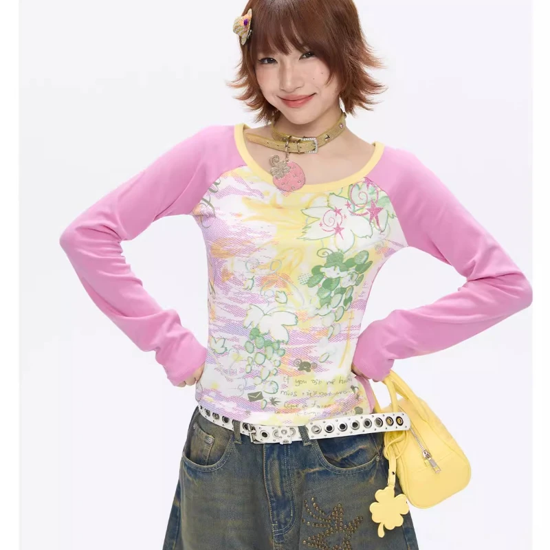 Autumn New Yellow Pink Splicing Round Neck Women's Bottoming Shirt Japanese Design Slimming Versatile Long Sleeve T-Shirt Ladies