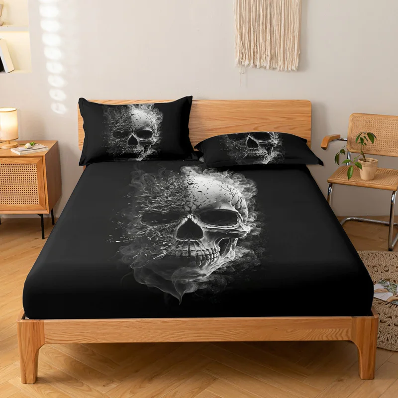 

Skull Pattern Fitted Sheet Set-Soft And Comfortable Bedding Bedspread Set For Bedroom Guest Room And Dorm Decor Three-piece Set