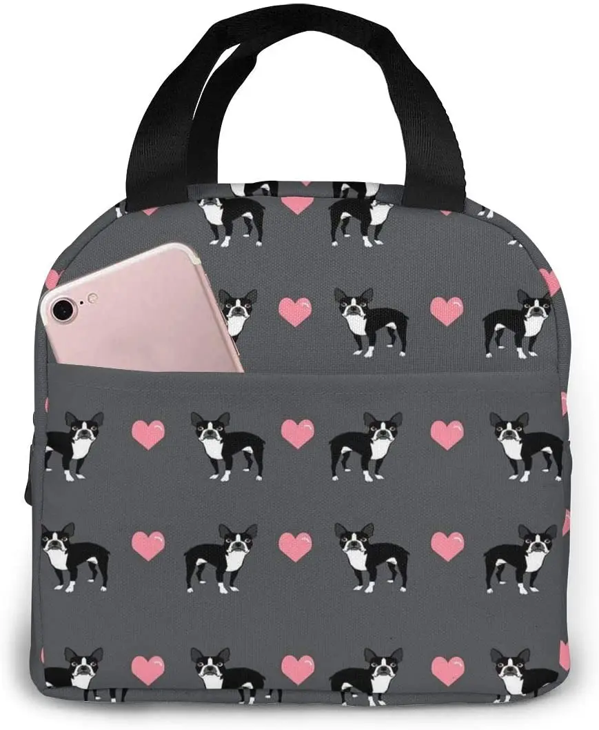 Grey Boston Terrier Insulated Lunch Bag Portable Thermal Cooler Box Reusable Picnic Tote Bento Bag for Men Women Kids Work