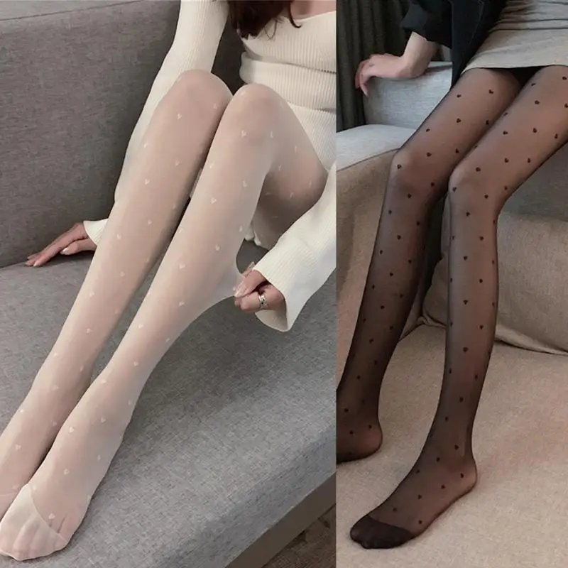 

Y1AC Women Sweet Heart Print Patterned Silky Pantyhose Seamless See-Through Mesh Stretch Tights Japanese Stockings