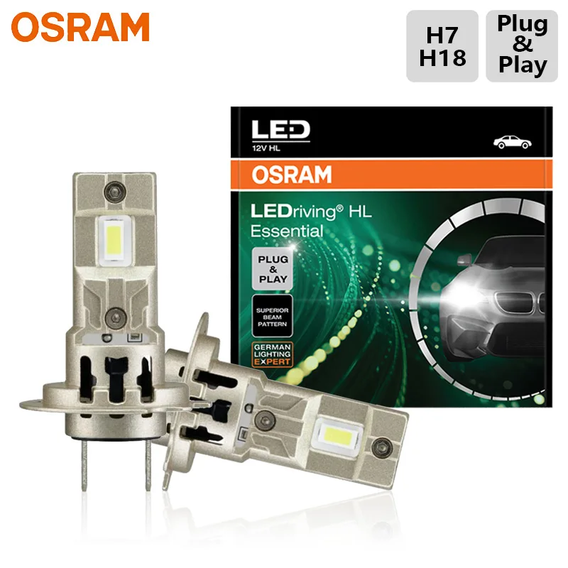 OSRAM Essential LED H7 H18, Faro Delantero para Automóvil, Base de Enchufe PX26d, LED de 12V 70W 5000LM, Luz Alta y Baja de Alta Potencia, 6000K, Lámparas Blancas Frías