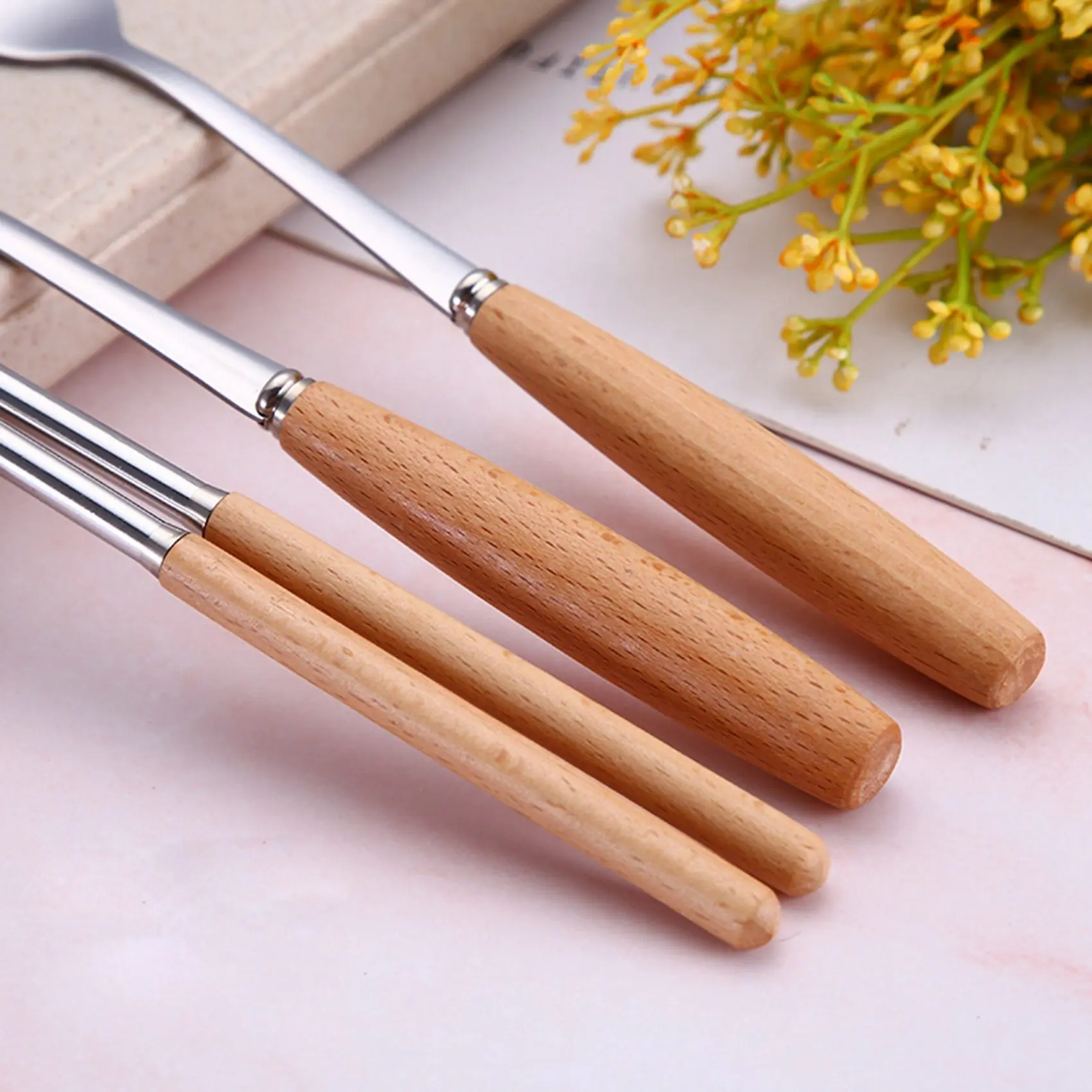 SEWS-Portable Utensils Set With Case-8 Pieces Wood Handle Reusable Flatware Set Fork Spoon Stainless Steel With Carry