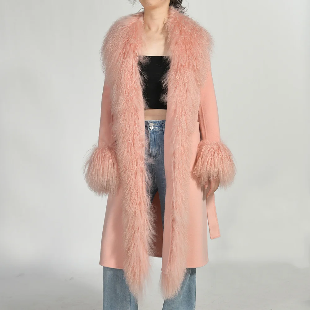 Jaxmonoy Women Cashmere Coat With Mongolian Sheep Fur Coat Trim Autumn Winter Long Style Woolen Jacket Ladies Fashion Warm Coats