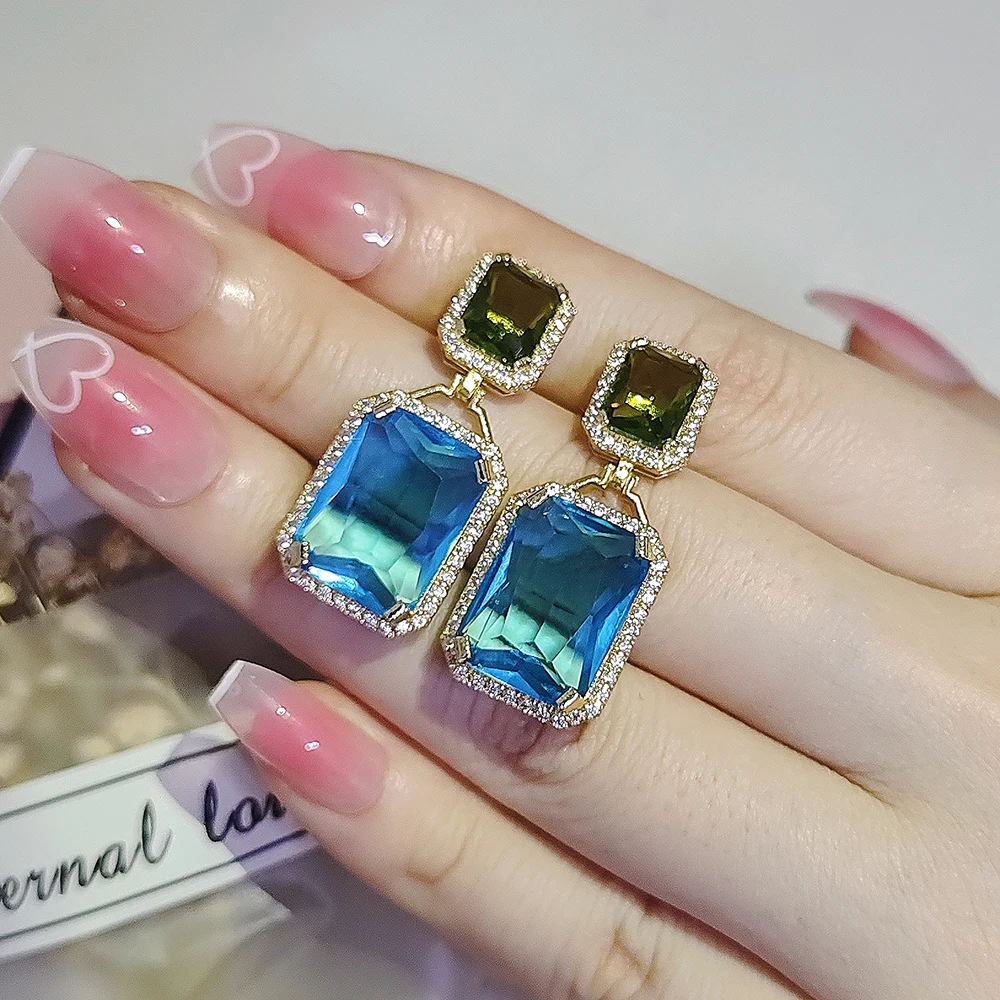 2024 New Fashion Luxury Blue Color Square Pendant Earrings for  Women Party Gift Jewelry E7968