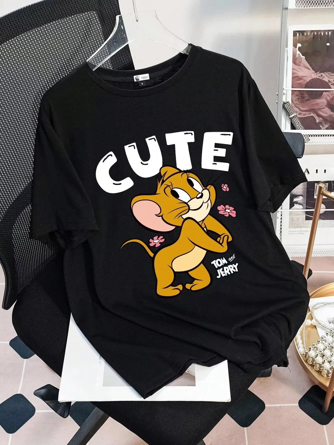 2026 Sommer Comic-Design Tom und Jerry Bild Baumwolle Bedrucktes Oversize Freizeit-T-Shirt für Erwachsene und Kinder, Eltern-Kind-Oberteil, Homewear – Detail 4