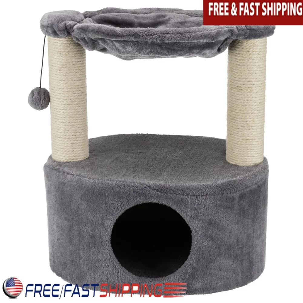 

Cat Scratching Post Condo Hammock with Toy Durable Sisal Plush Relaxation Kittens Adults Feline Furniture 23.6 Inch Gray