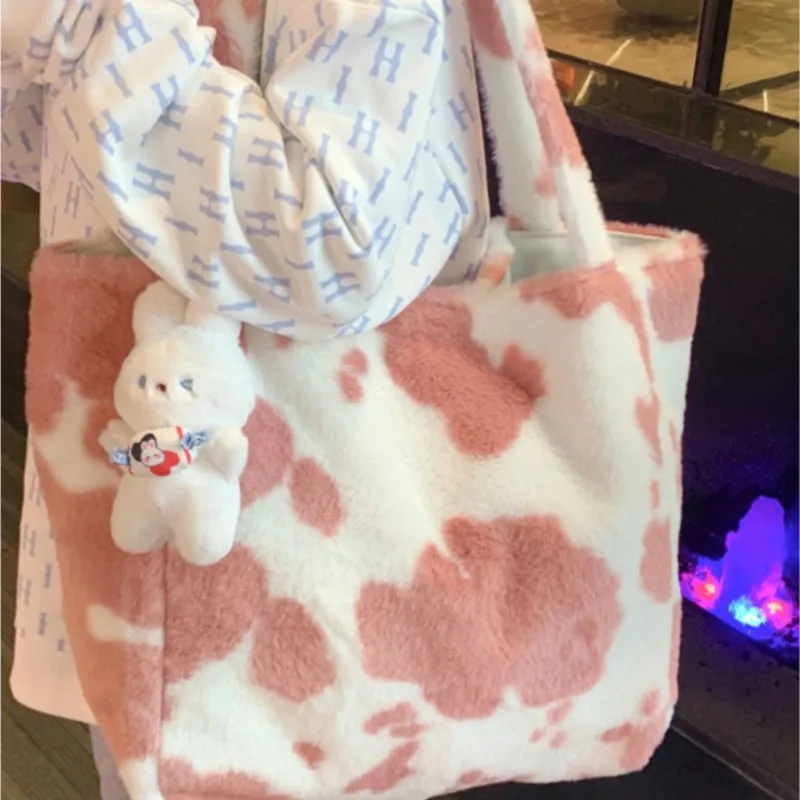 

JIAERDI Plush Color Block Tote Bag Women Sweet Cute Large Capacity Shoulder Bag Ladies Soft Fashion Casual Underarm Bag 2025 New