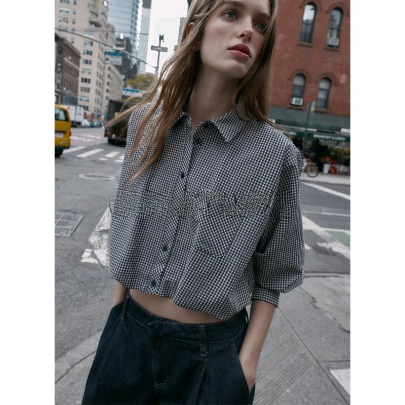 Winter New Arrival Women's Commuter Sle Long Sve Collared Small Plaid Balloon irt Top French Sle Slim Fit Polyester