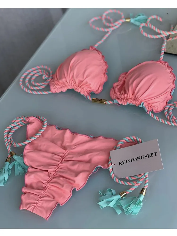 Nowy kolor Bikini 2022 Biquinis Feminino strój kąpielowy String Bikini Set Ruffel Bikini strój kąpielowy dla kobiet stałe stroje kąpielowe