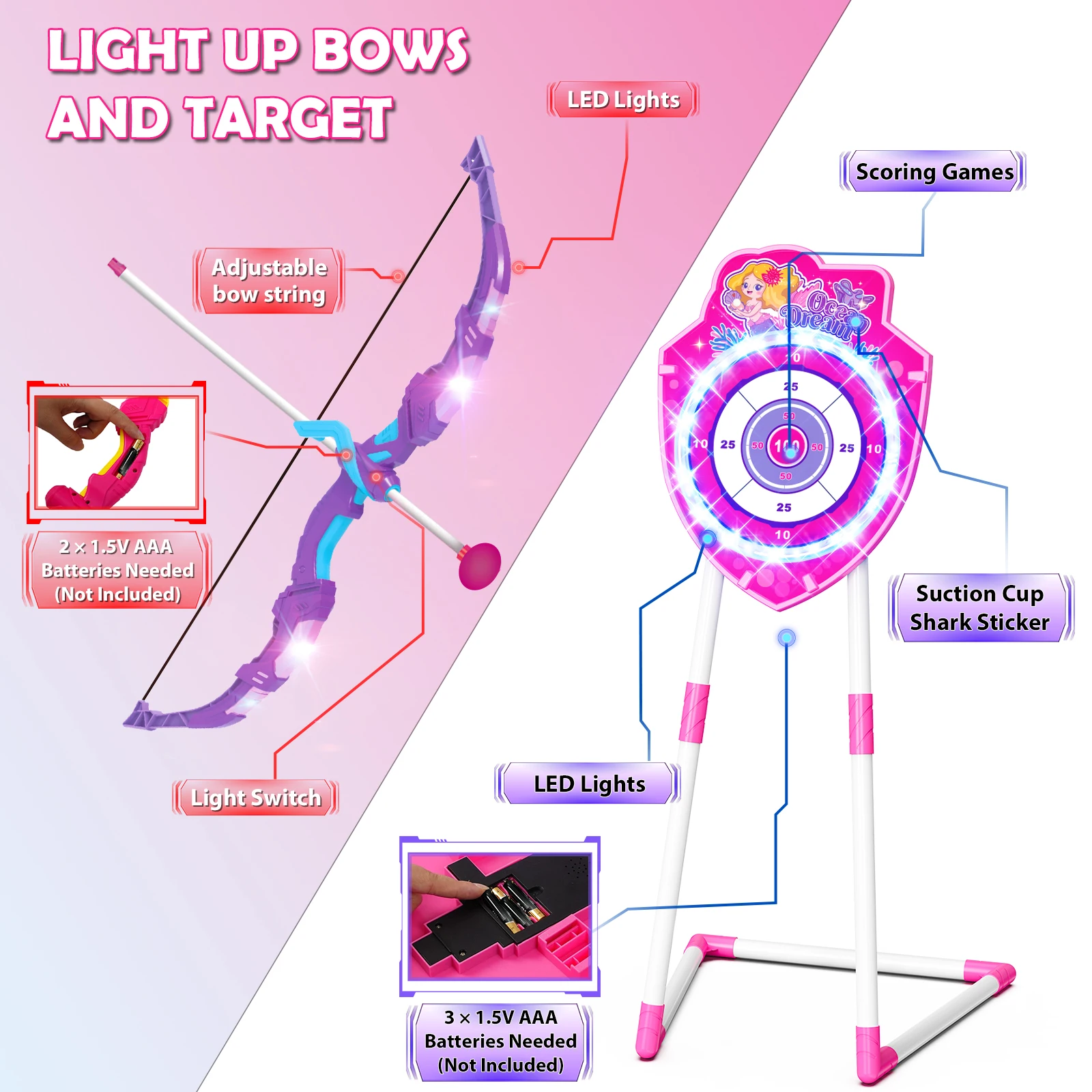 VATOS ليلة ضوء القوس السهم البنادق لعبة للفتيات الرماية الوقوف الهدف مجلس داخلي في الهواء الطلق لعبة لعب الاطفال عيد الميلاد هدية عيد ميلاد