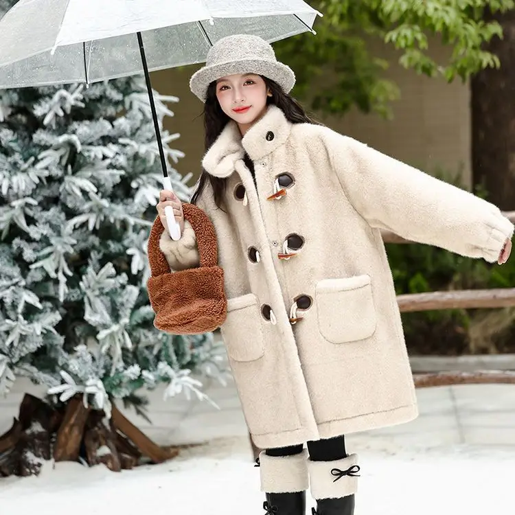 

Girls' Fur One-piece Long Cow Horn Button Lamb Coat 2025 Autumn and Winter New Composite Warm Fur Coat