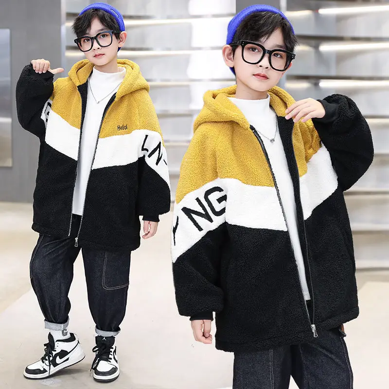 

Teeage Fashion Letter Boys Plush long sleeve coat 2023 autumn winter Thicke lamb wool medium and long thickened wool Lamb coat