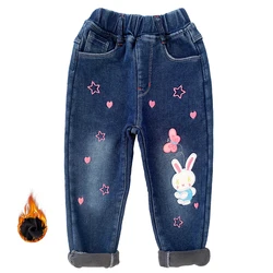 2-9Years Winter Children Baby Little Big Girls Fleece-lined Jeans Embroidered Denim Pants Cowboy Trousers Kids