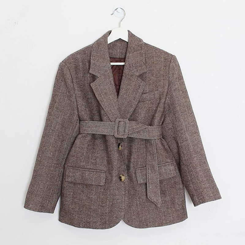 Women's Suit Woolen Coat Fashion Turn Down Collar Herringbone Pattern Jacket Korean Autumn Slim Short Outerwear with Belt