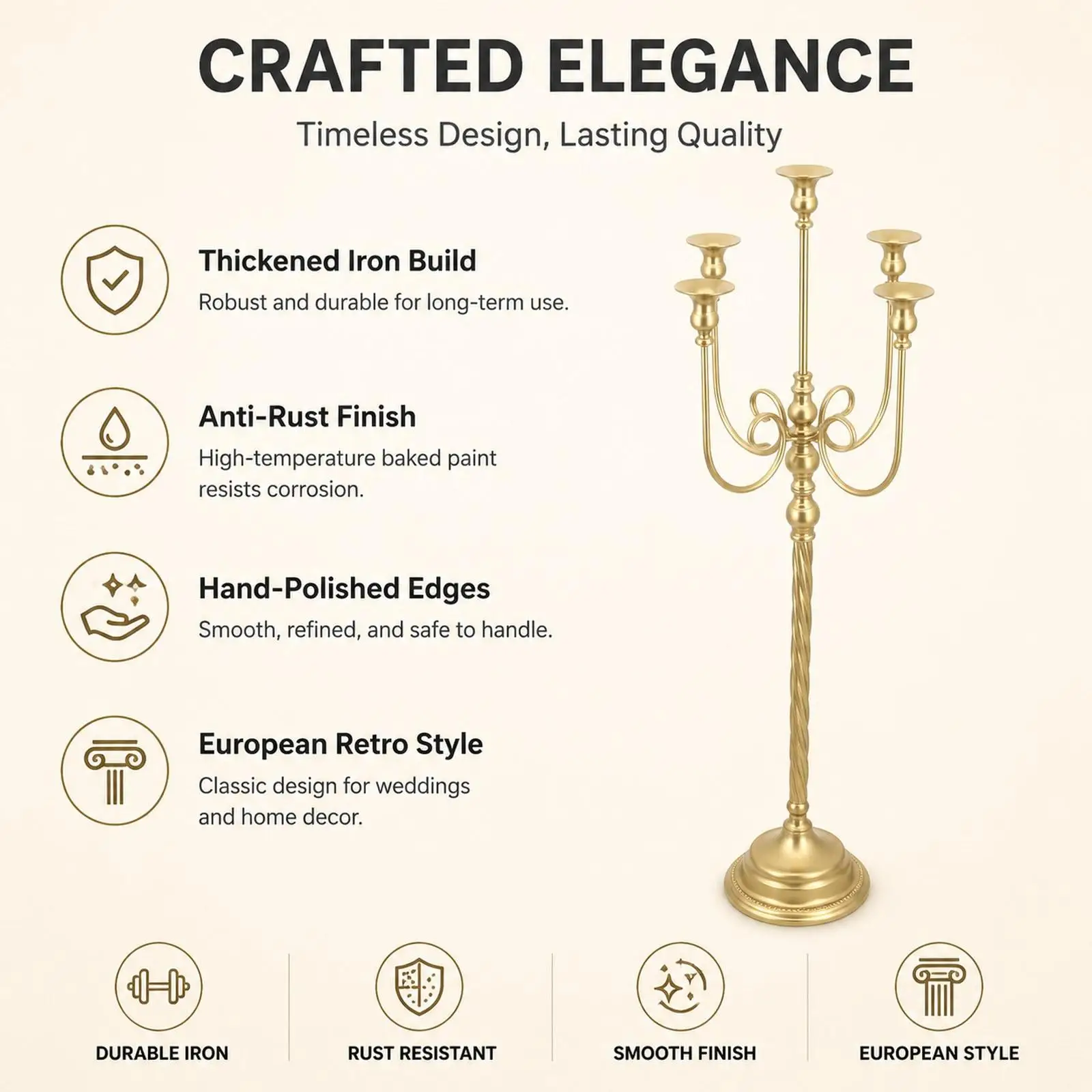 Gold Floor Candle Holder Candelabra Romantic European Sturdy Desktop Ornament Candle Stand for Mantel Party Home Decoration view 5
