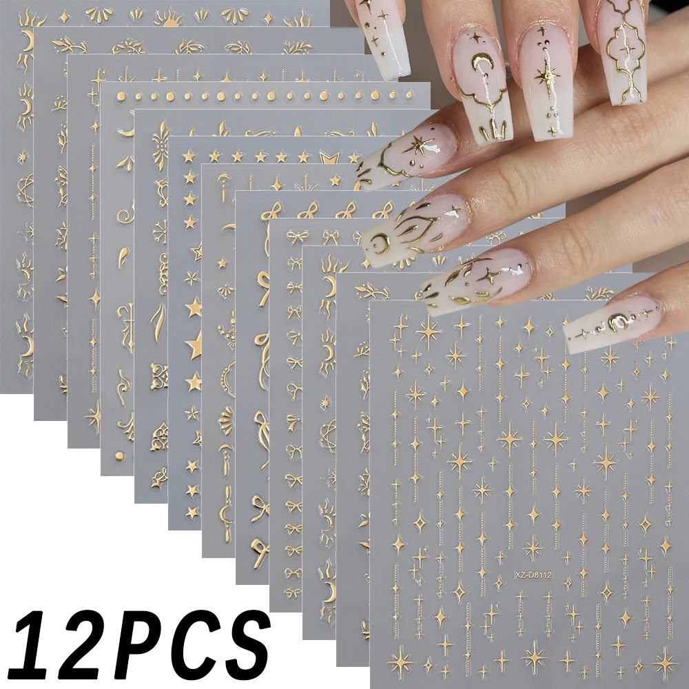12 Stuks 3D Laser Gouden Ster Maan Strik Nail Art Stickers Bohemen Zon Bladeren Zelfklevende Nagels Slider Luxe manicure Decals
