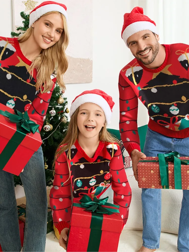 

Модный вязаный свитер для женщин, повседневные пуловеры с длинными рукавами и круглым вырезом с принтом, свитера, топы, семейная рождественская одежда для родителей и детей, новая