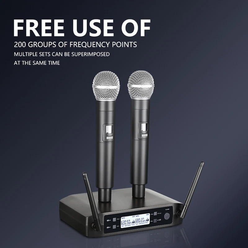 Sem fio Handheld Dual Canais Microfone, UHF, Frequência Fixa, Mic Dinâmico para Karaoke, Wedding Party Band, Church Show