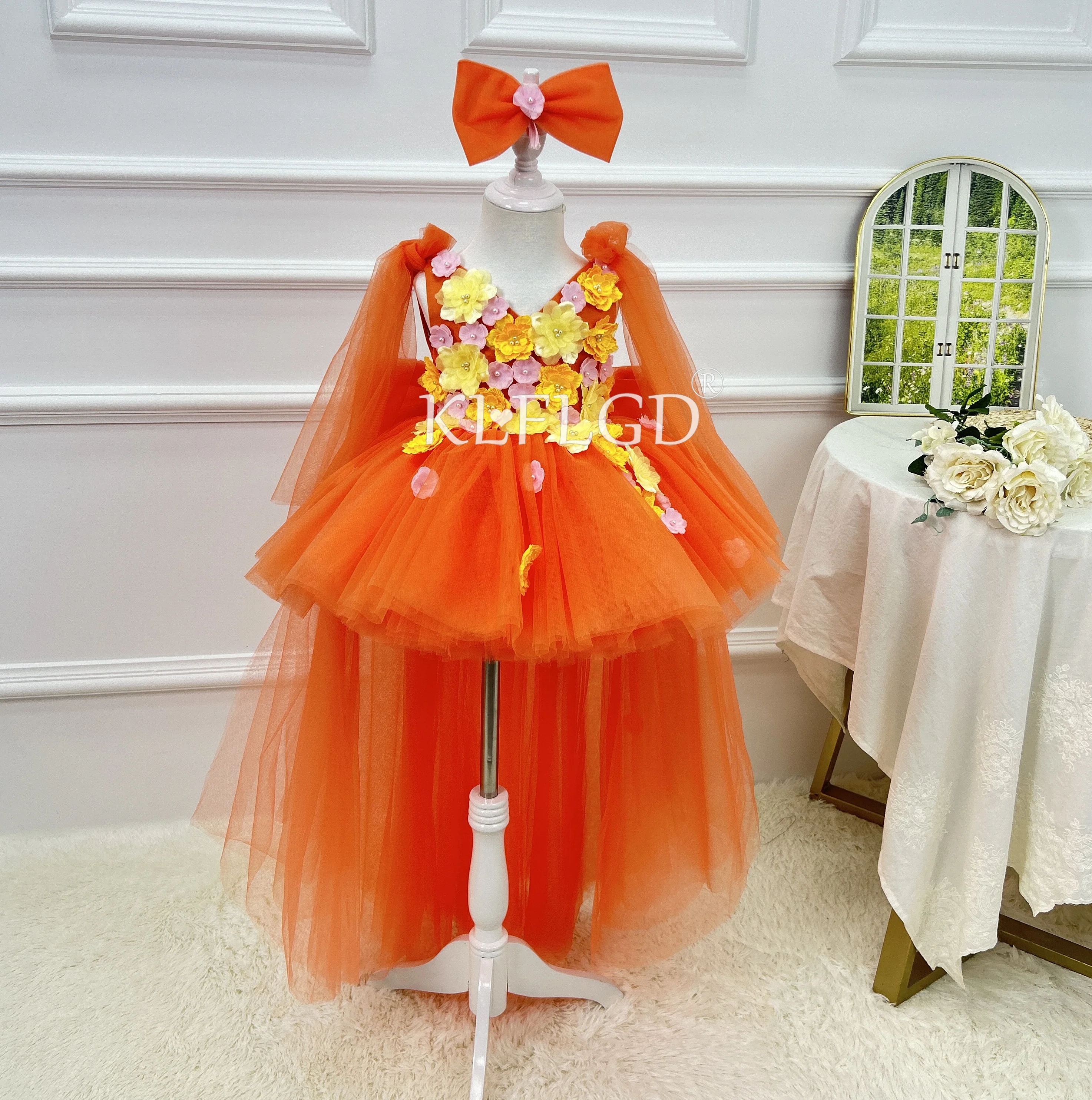 KLFLGD Flower children wedding dress butterfly embroidered sequined dress lace children's formal wedding dress girl tail dress