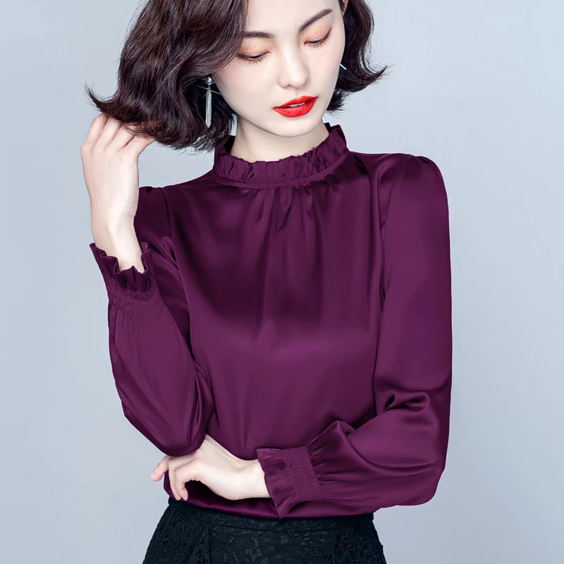 Ruffle Collar Front Pleated Satin Blouse Women Spring Basic Long Sleeve Tops Elegant Ladies Silver Gray Khaki Blouse - view 3