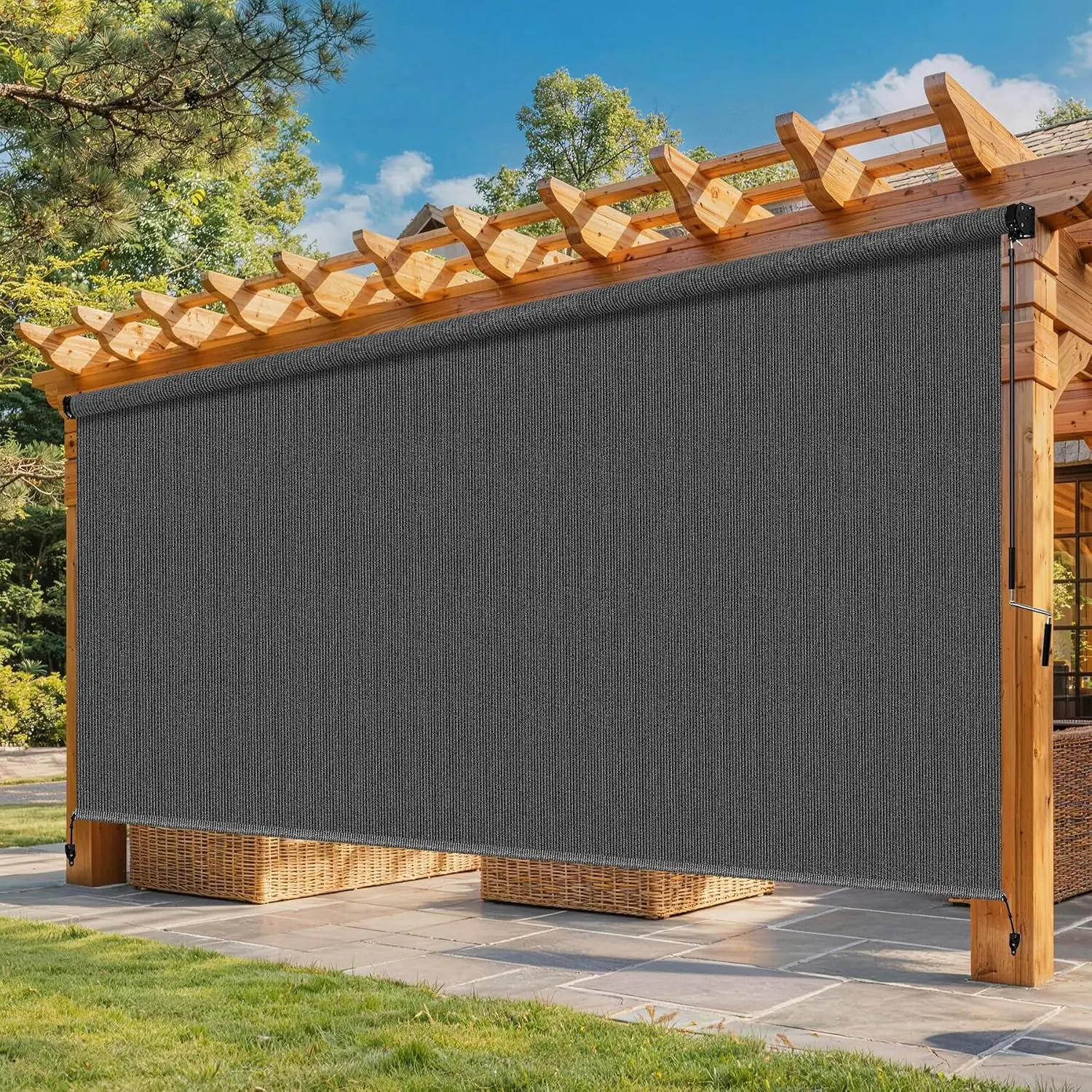 10'W x 8'H Gray Outdoor Roller Shade with Crank Wand Patio Shades Roll up, Privacy Protection & UV Blocking for Pergola | Gazebo