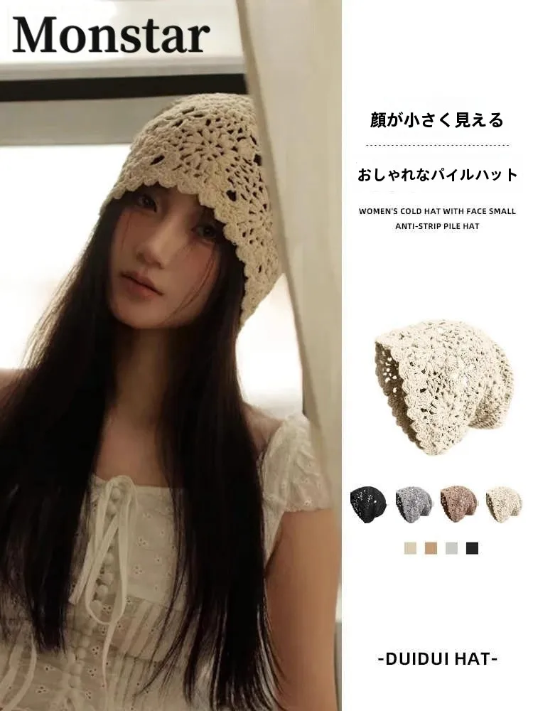 elegant-knitted-hollow-out-women's-hat-spring-summer-autumn-no-brim-knitwear-fashionable-hooked-floral-design-hair-cover-cap