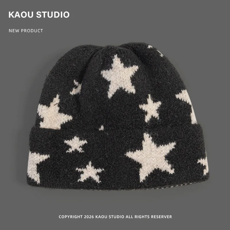 Vielseitige, trendige Strickmütze mit Sternmuster für Herren und Damen, ideal für Herbst und Winter, warm, für Outdoor-Aktivitäten, Ski- und Reitmütze, auch für größere Kopfumfänge geeignet. – Detail 5