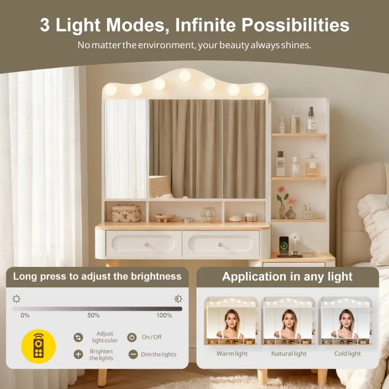 Foldable three-sided mirror with lamp dressing table, with USB power supply, drawers and lockers, dimmable