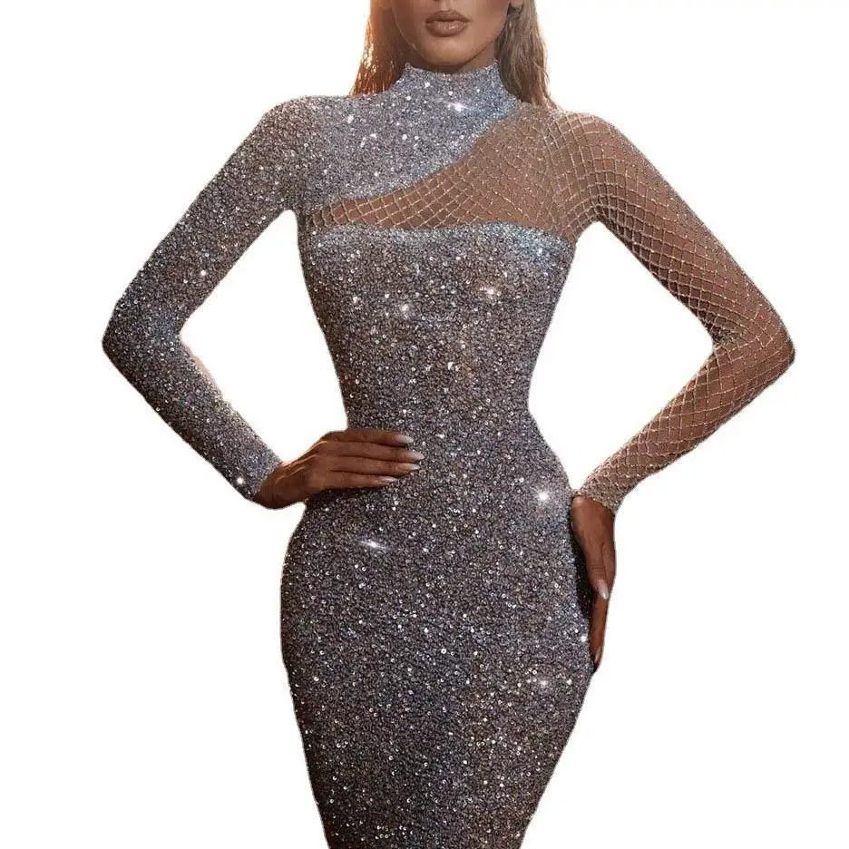 Ele évider oulder Dr rond Ne Slim Fit S-pe Sequin Dr femme taille haute longue Sve Ciwalk Dr