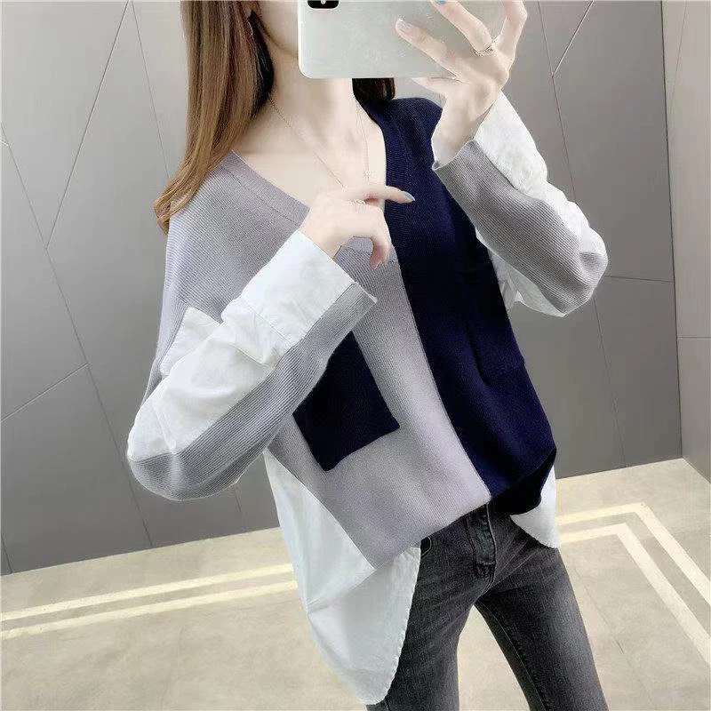 Spring Autumn Korean Style Fake Two Piece Patchwork Sweater Female Long Sleeve Jumpers All-match Simple Knitting Pullover Top