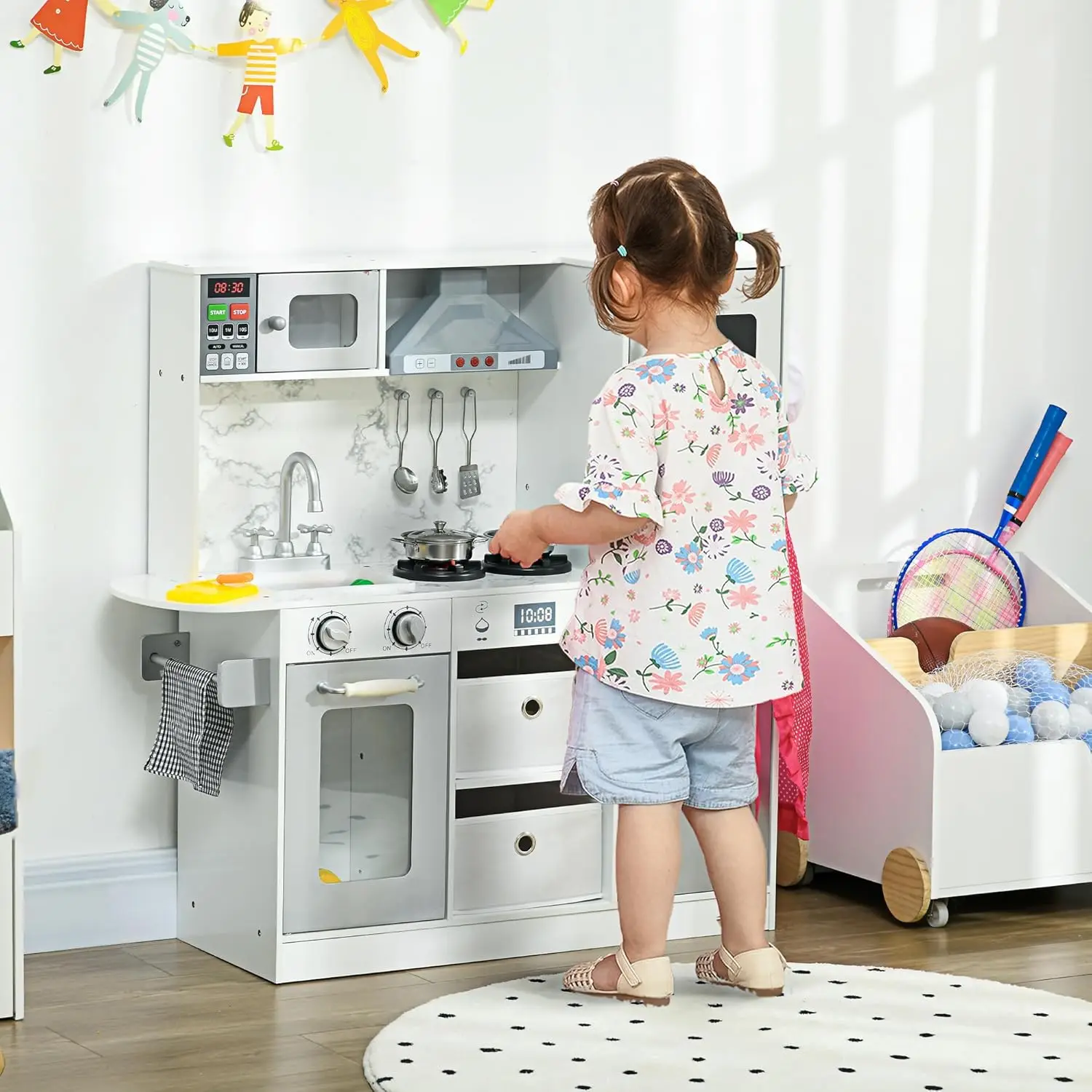 Qaba Play Kitchen Set For Kids, Kids Kitchen Playset With Lights Sounds, Apron And Chef Hat, Ice Maker, Microwave, Towel Rack,