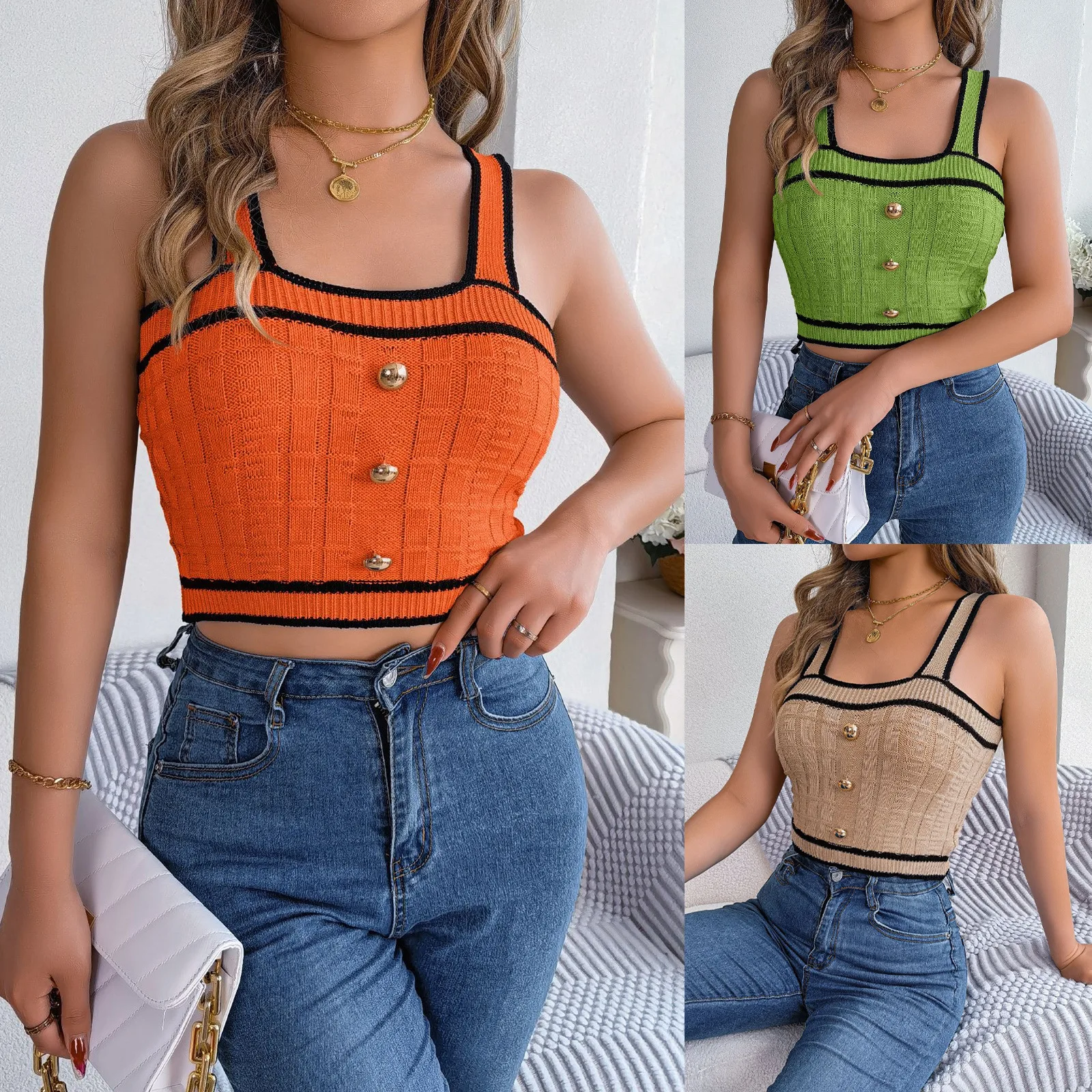 

Summer Ins Spice Girl Halter Top Contrast Metal Button Ladies Tank Tops Slim Fit Sexy Crop Knitted Camisole T-shirt Holiday Top