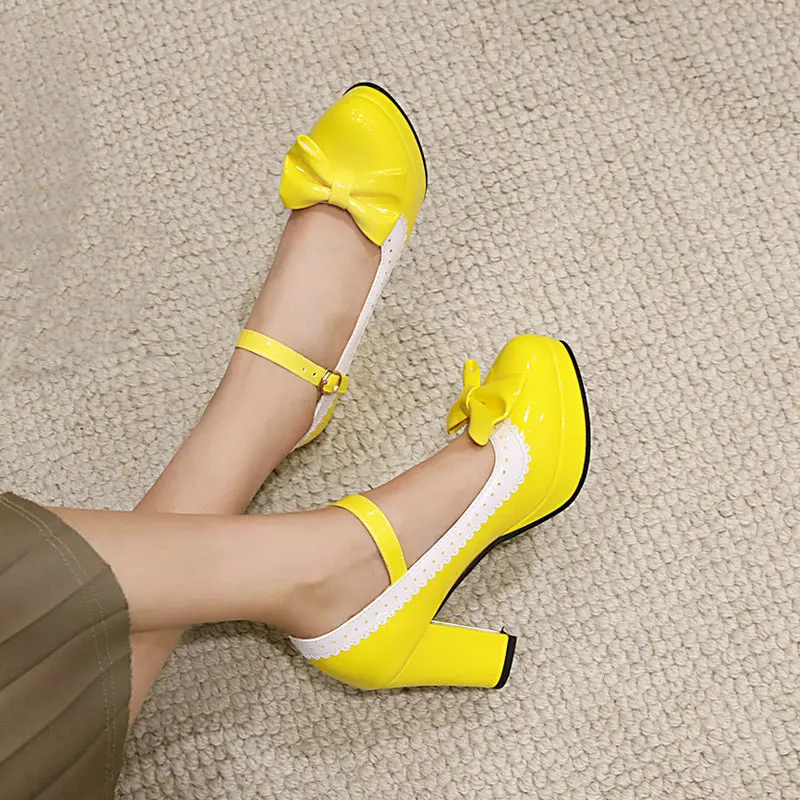 Amarillo púrpura verde menta punta redonda cerrada otoño zapatos de mujer zapatos de plataforma con pajarita vestido de mujer Lolita tacones Mary Jane
