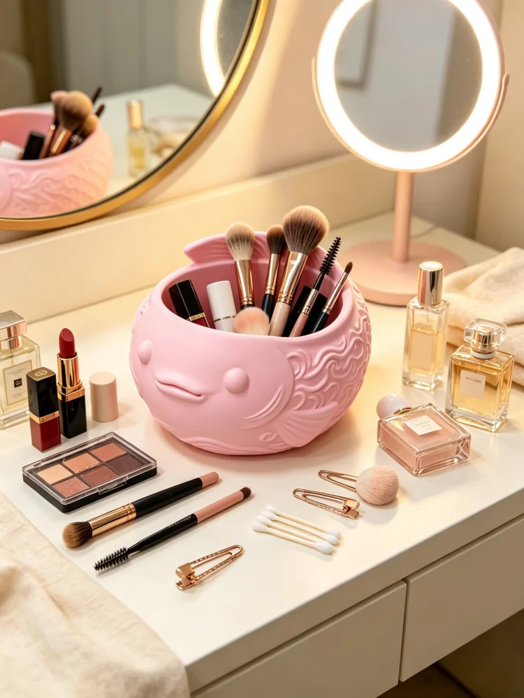 Cute Cartoon Fish Storage Bowl, Animal-Shaped Storage Ornament, Pink Fish Design, Embossed Wave Pattern, Matte Texture, Desktop Storage Bowl, Jewelry Tray, Makeup Brush Holder, Storage for Hair Accessories, Small Ornaments, Stationery, Cosmetics, Suitable for Dressing Table, Study Desk, Bathroom, Student Home Decoration, Great Gift Item