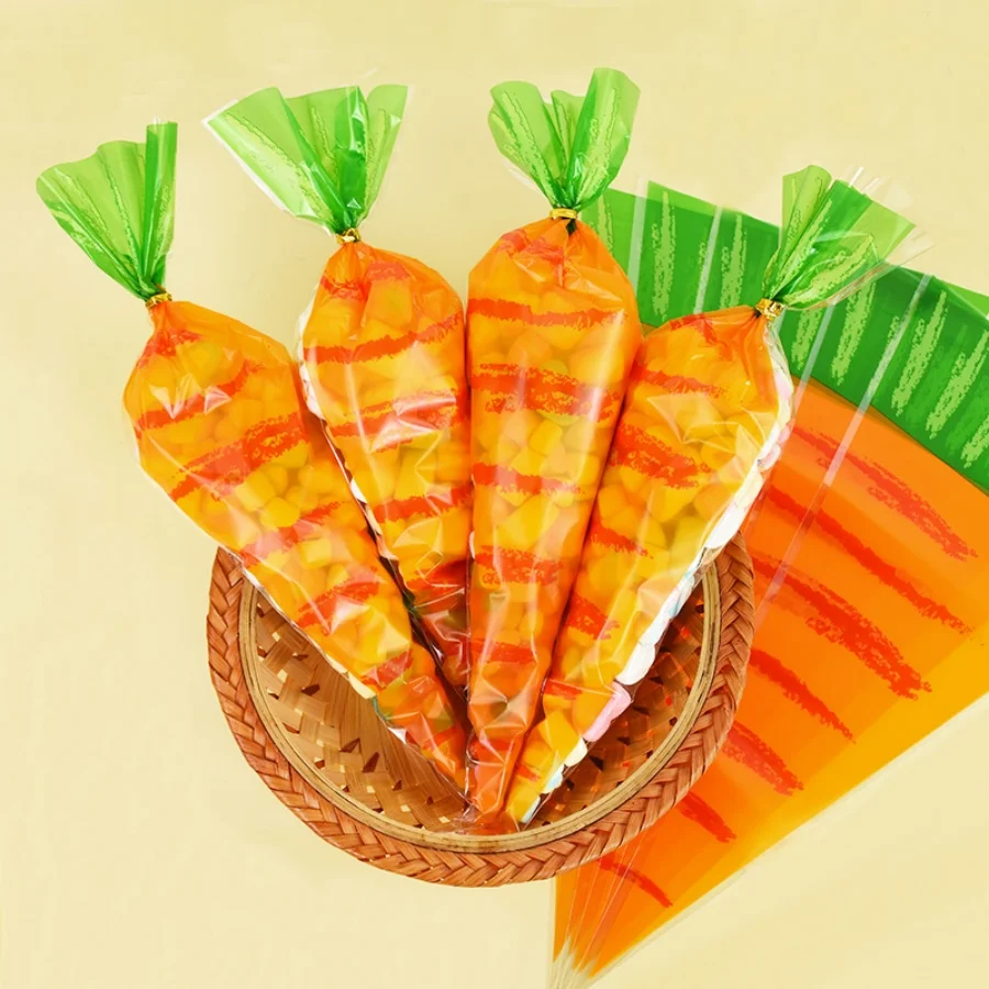 20/40 Stück Niedliche Karotten-Plastikbeutel für Süßigkeiten, Kekse, Geschenke, Snacks, Backwaren-Verpackungstüten, Fröhliche Oster-Party-Dekorationszubehör