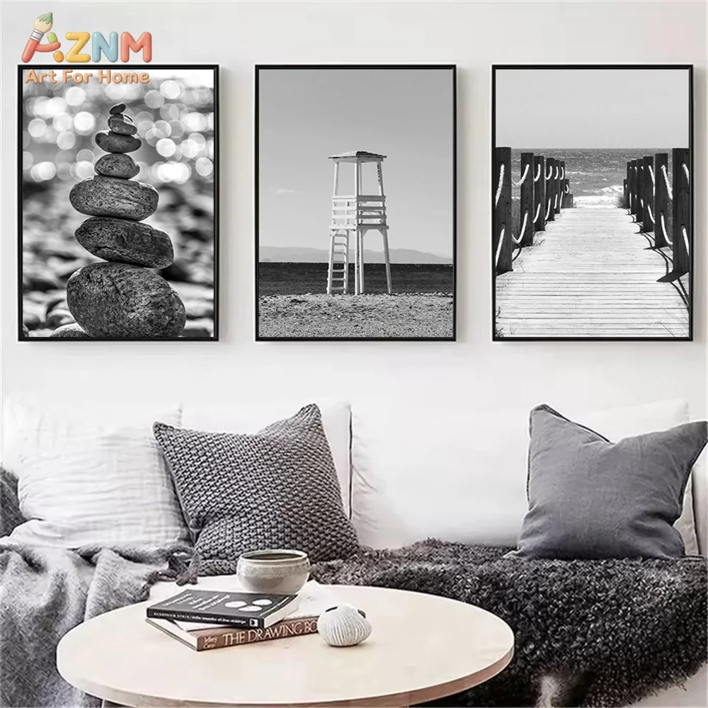 AZNM Unframed Canvas Print Black and White Coastal Beach Wall Art Lighthouse Ocean Seaside Home Decor Poster