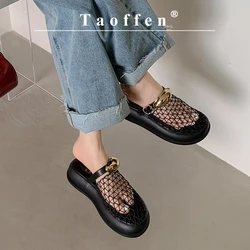 Taoffen Solid Mesh Fashion Slippers For Women Thick Heels Summer Beach Breathable Sandals Metal Decoration Buckle Female Shoes