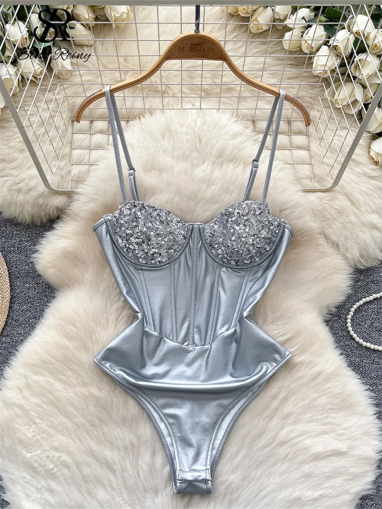 American Ins Sexy Bodysuits Fashion Sequins Corset Sheath Chic Women Rompers Clubwear Shiny Party Strap Playsuits