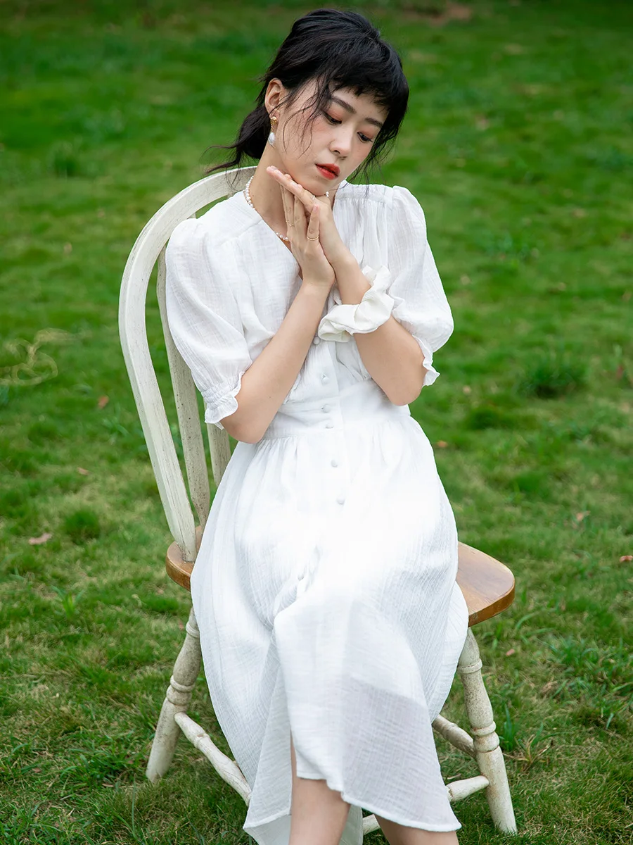 

White V-ne Puffy Sve Pleated Dr Women's Summer Sweet ort Sve Dr Free Spirit Simple Sle High Waist Midi Dr