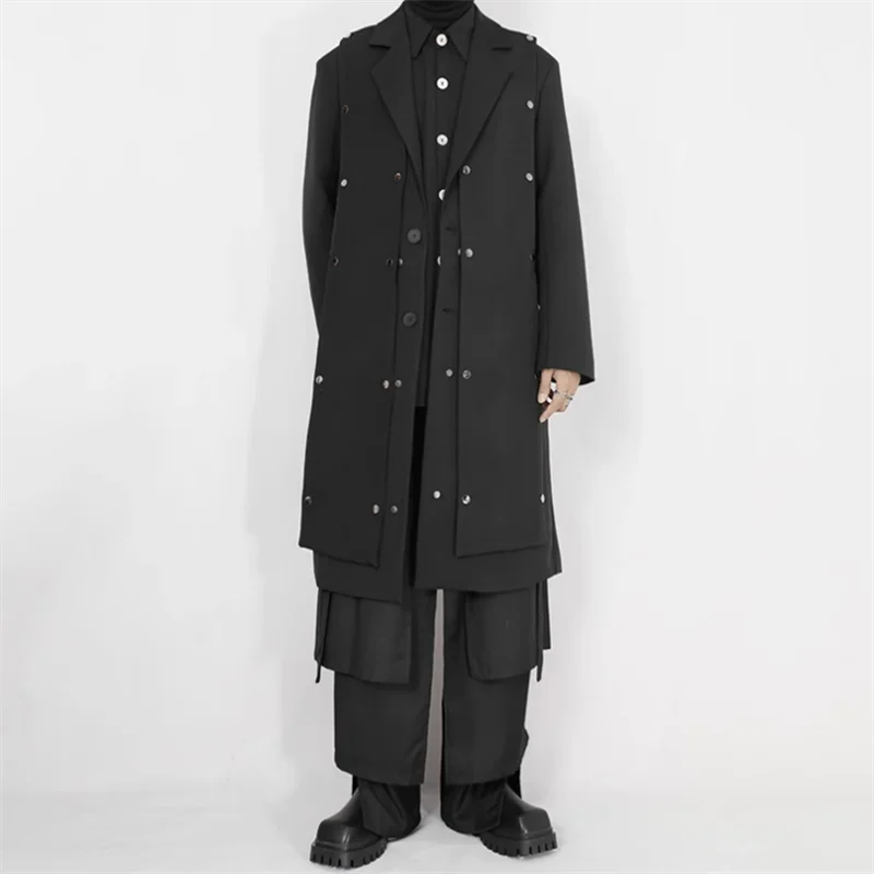 2024 Original men's long over knee trench coat Black detachable cloth design loose Korean trench coat