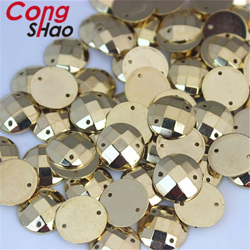 Cong Shao 200Pcs 14mm Gold Color Round Flatback Acrylic Rhinestone Stones and Crystals Sewing 2 Hole Wedding Dress Button CS225
