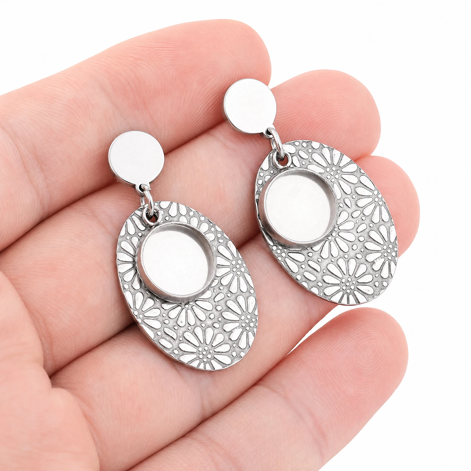 10pcs Stainless Steel Filigree Earring Base Blanks 8mm Stud Post With Floral Stamped Charm Diy 10mm Cabochon Earring Settings