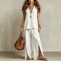 Summer Lazy Style Suit Women's Solid Color Sleeveless V-neck Top Split Draped Wide Leg Pants Two-piece Set for Seaside Holiday - Image 2