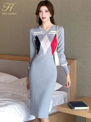 Autumn Winter Knitted Dress Bodycon Bottoming Elastic Knitted Sweater Women Retro Classic V-neck Mid Party Dresses