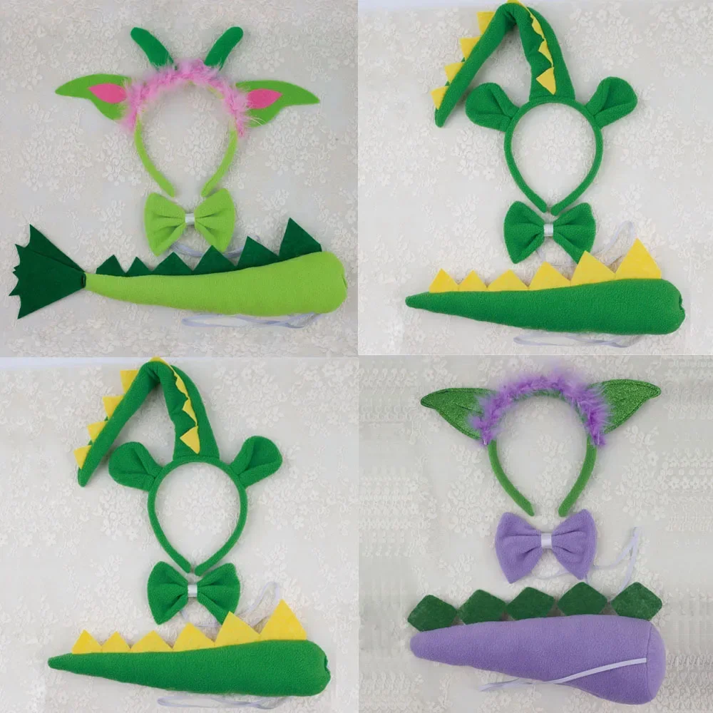 Party Holidays Animal Dinosaur Costume Green Tutu Skirt Ear Headband Tail Cosplay Props Halloween for Girls Women Festival