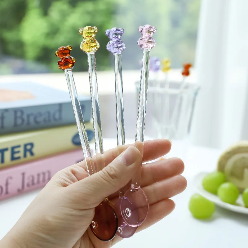 Japanese Style Creative Milk Dessert Teddy Bear Spoon Colorful Transparent Glass Spoon Cute Long Handled Coffee Stirring Spoon