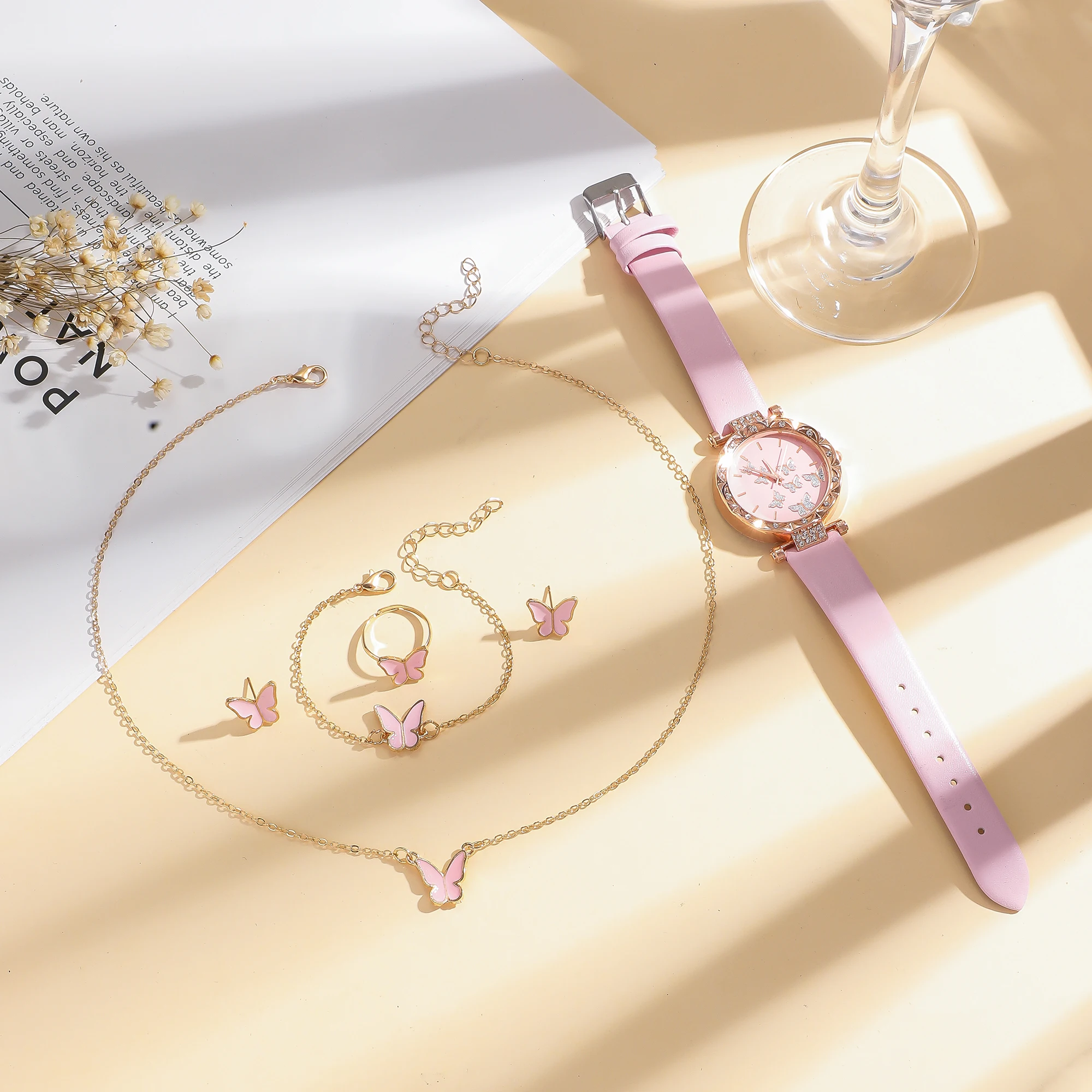 Fresh everything with pink diamond dial belt quartz watch + butterfly jewelry set student girlfriends