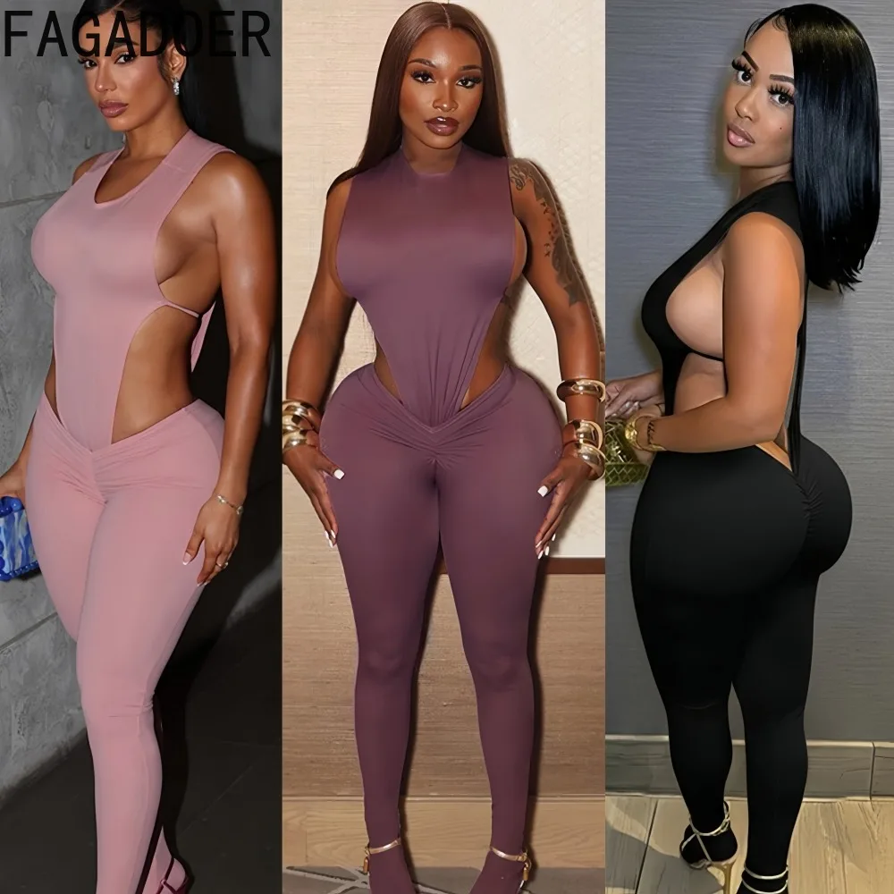 FAGADOER Y2k Fashion 2 Piece Sets Woman Outfit Halter Sleeveless Backless Bodysuits and Pants Suits Female Streetwear Clothing