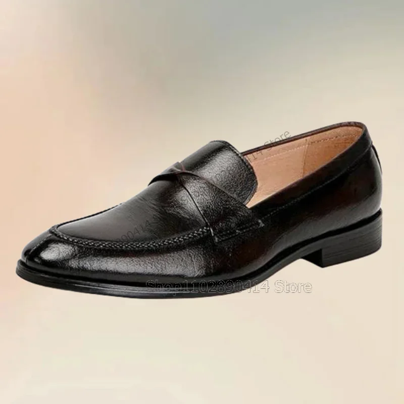 Brown Black Sewing Design Low Top Men Loafers Fashion Slip On Male Shoes Luxurious Handmade Party Banquet Office Men Dress Shoes - view 4